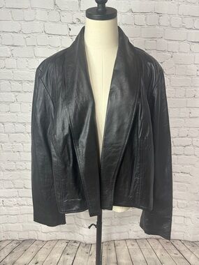 Jessica London Black Genuine Leather Jacket Size 22 Open Front Classic Plus Size